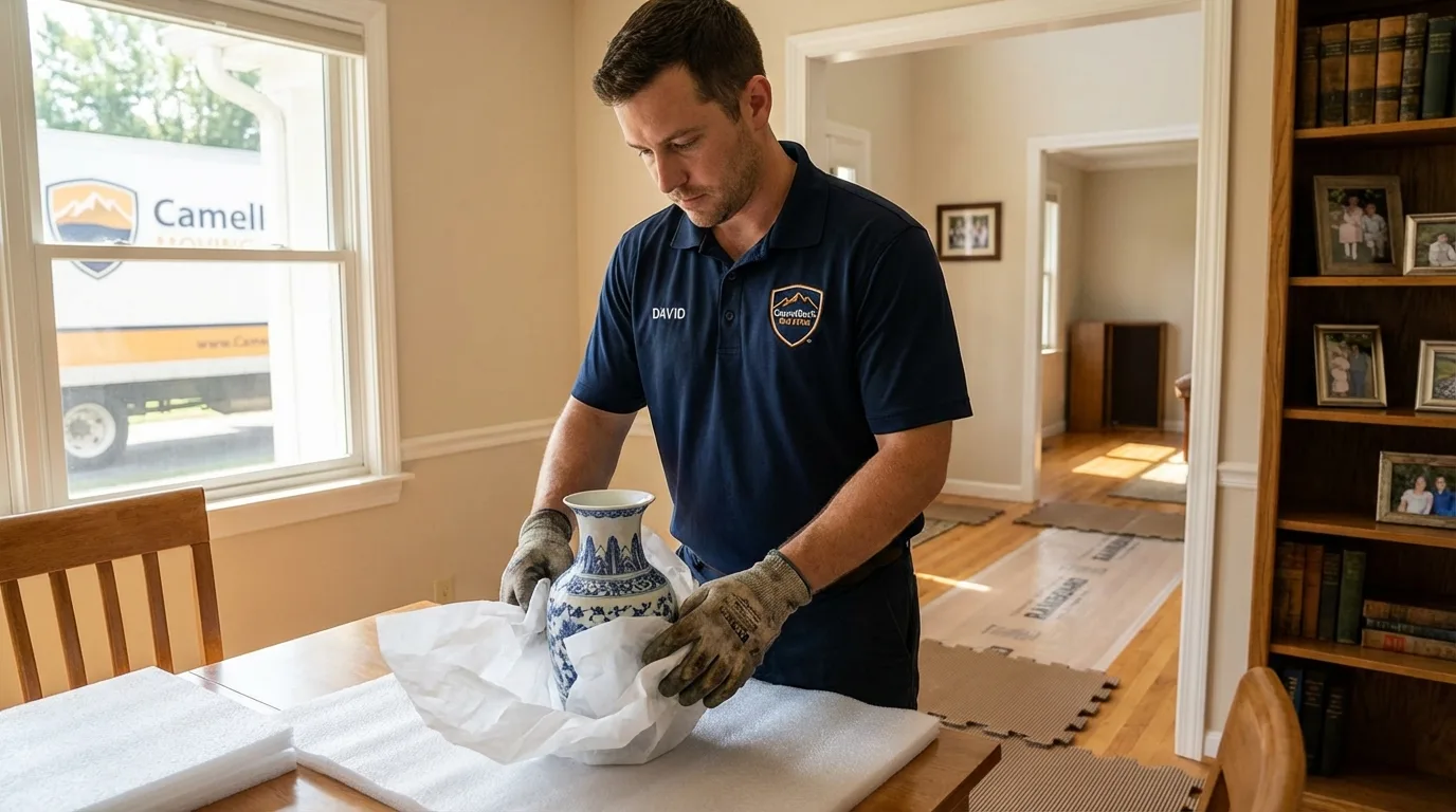 Professional crew carefully wrapping antique vase for senior downsizing move in Loudon, TN
